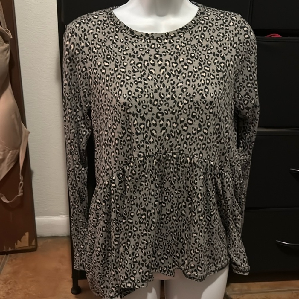 Leopard Print Long Sleeve Blouse - Gray, Black & White - Size Small